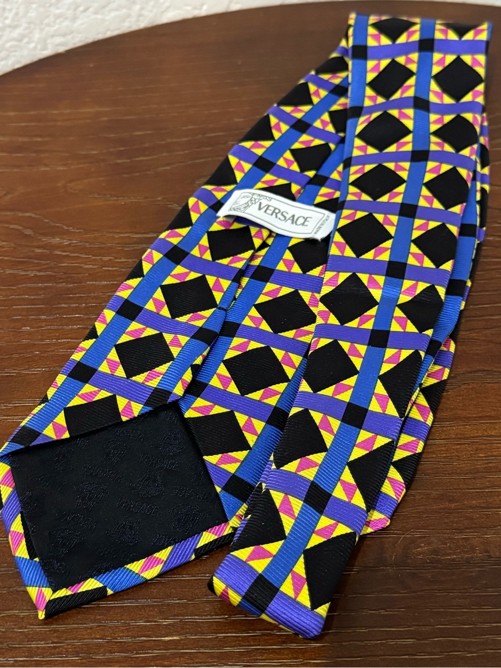 Versace Vintage Geometric Pattern Silk Neck Tie - Blue Purple Black Pink Yellow - Picture 3 of 6